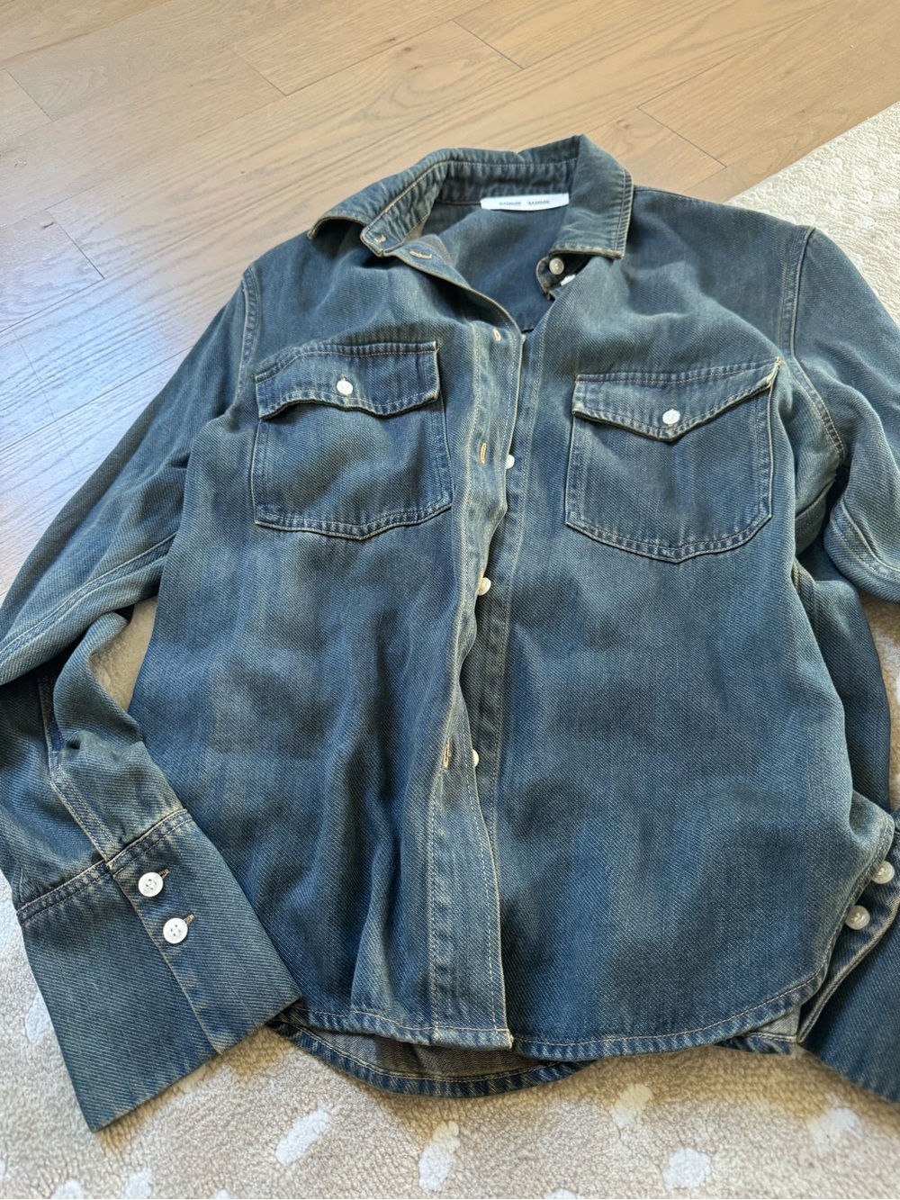 SAMSOE Washed Denim Shirt Jacket in Faded Blue